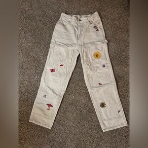 PacSun Cream High Rise Carpenter Embroidered Pants